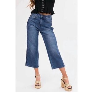Judy Blue High Rise Medium Wash Braided Side Seam Wide Leg Cropped Jeans 25